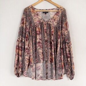 Signature Studio Top Blouse Womens XL Pink Floral Mesh Sheer Long Sleeve Boho